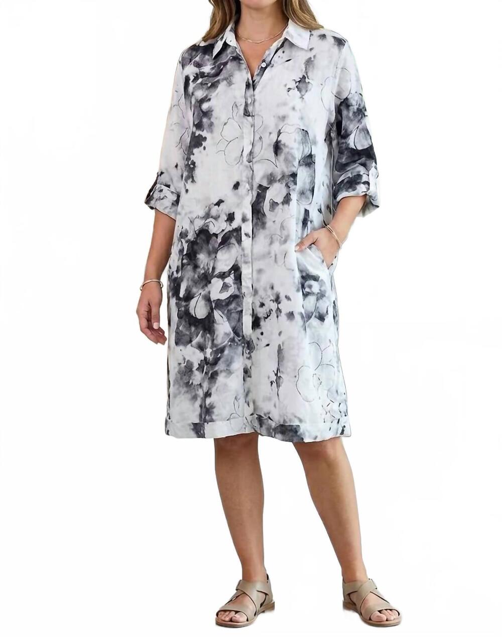 NEW DRESS ADDICT jiji long-sleeve button down dress in grey & white